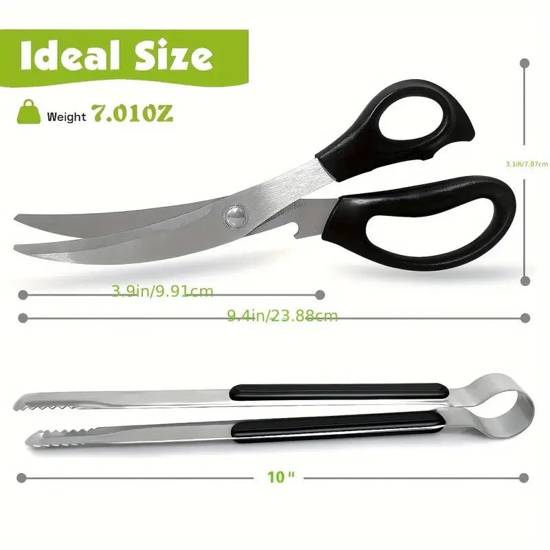 2pcs Barbecue Scissors And Food Tong Set, Stainless Steel Kitchen Scissors, BBQ Tongs, Cooking Scissors For Restaurant Chicken