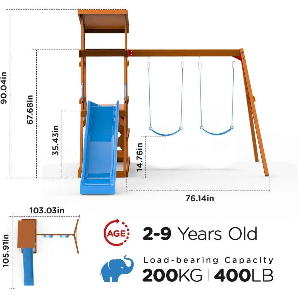 Wooden Swing Sets with 6FT Slide,Outdoor Playset for Kids with Sand Pit,Climbing Wall,and 2 Belt Swings, Playground Accessories