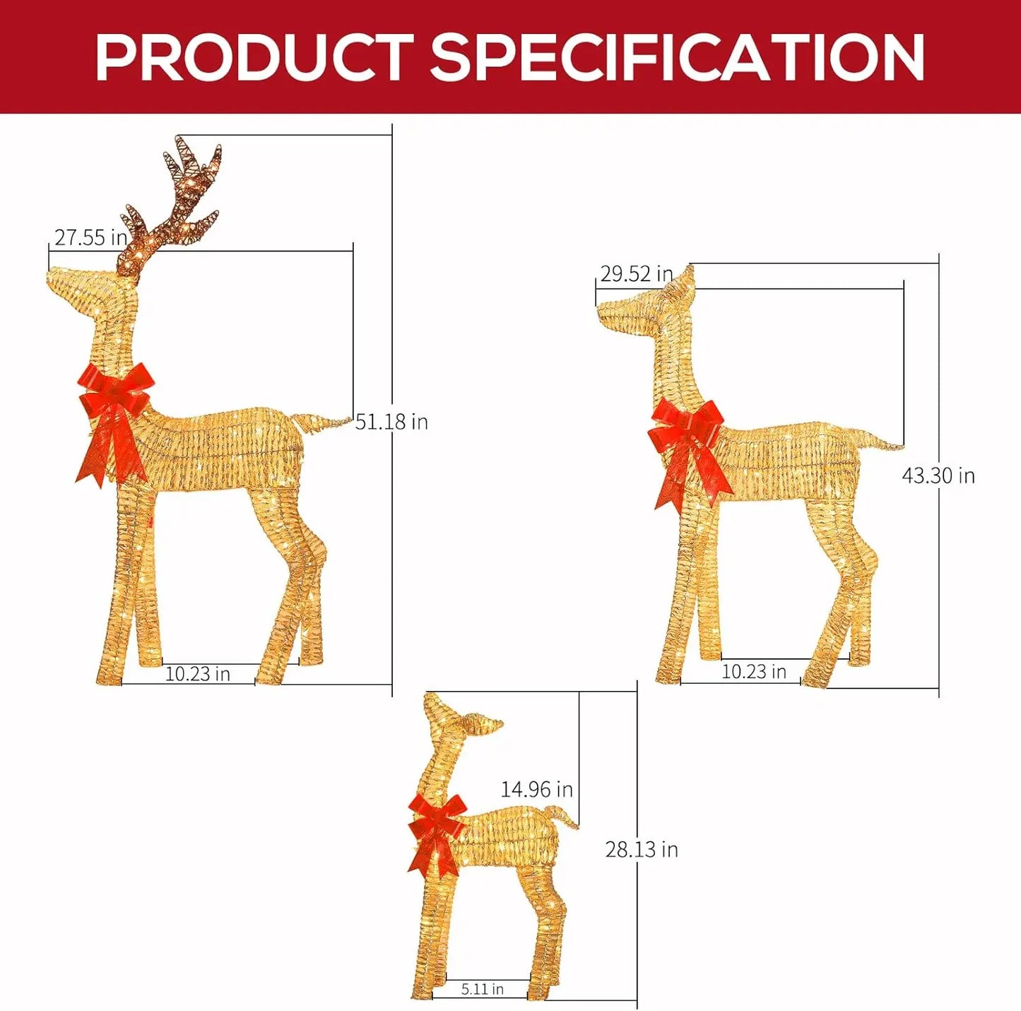 4.5 FT 3D Lighted Christmas Deer Family Set, 3-Piece Christmas Reindeers with 230 Warm White LED Lights, Outdoor Yard Decoration