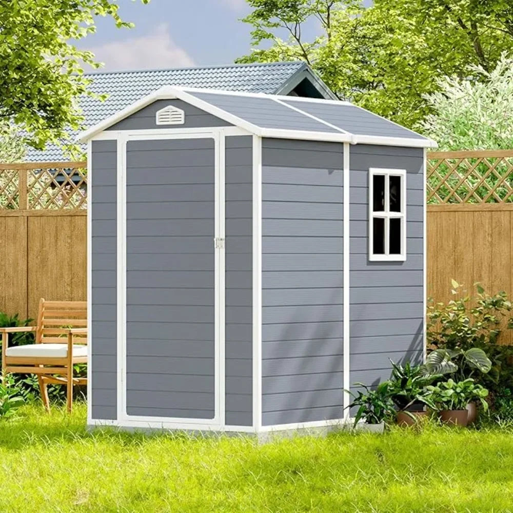 4 x 6 FT Outdoor Storage Shed, Resin Storage Shed with Floor & Lockable & Window Door for Patio Furniture, Bicycle, Grey