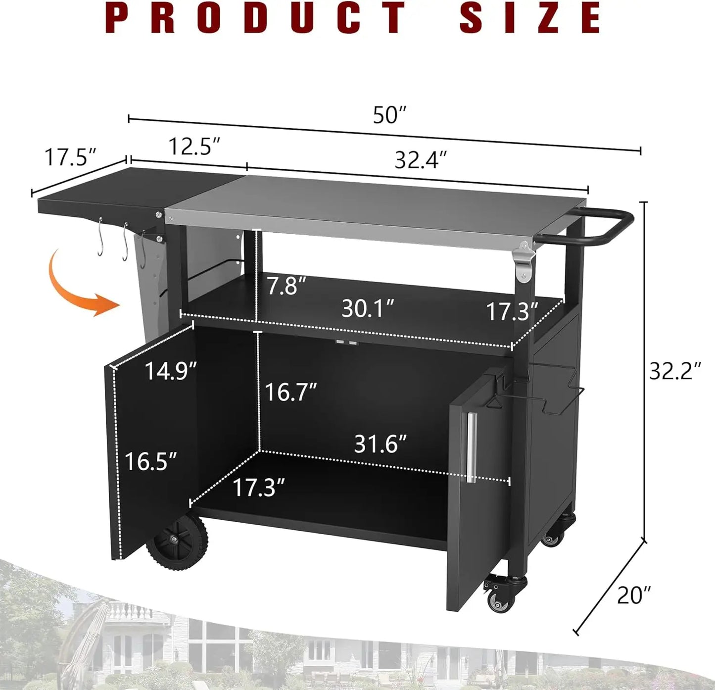 Vongrasig Grill Cart With Storage, Rolling Bar Cart Outdoor Bbq Cart Movable Pizza Oven Table Stand With Foldable Stainless