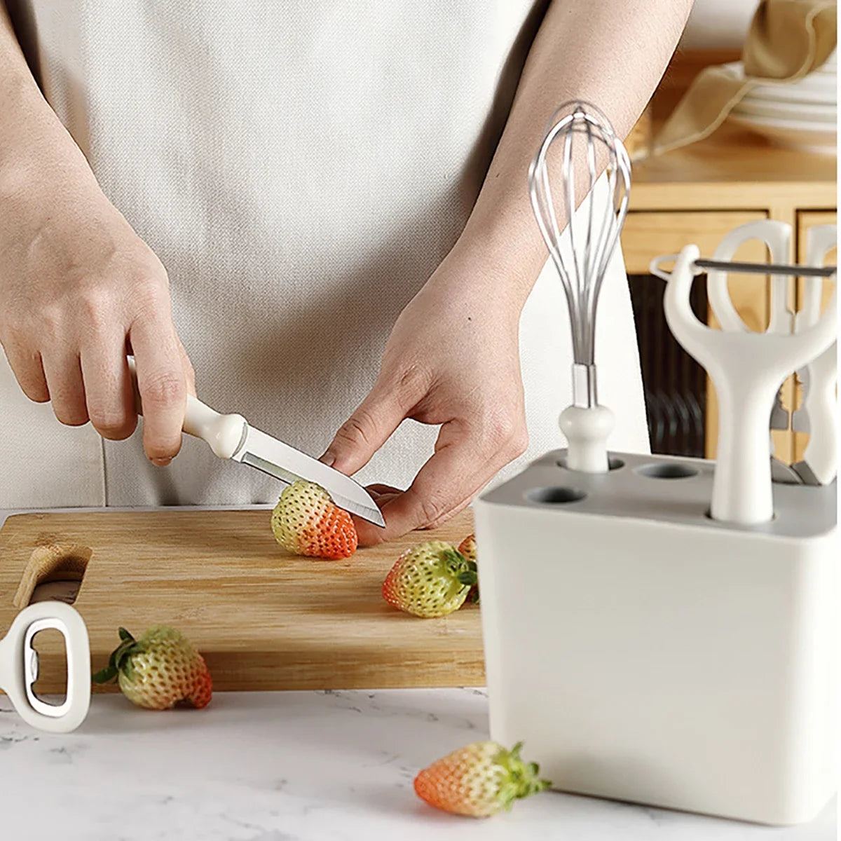 6 Piece White Fruit Knife Set Gourd Shaver Kitchen Scissors Bottle Opener Egg Beater with Storage Seat Home Kitchen Gadget Set