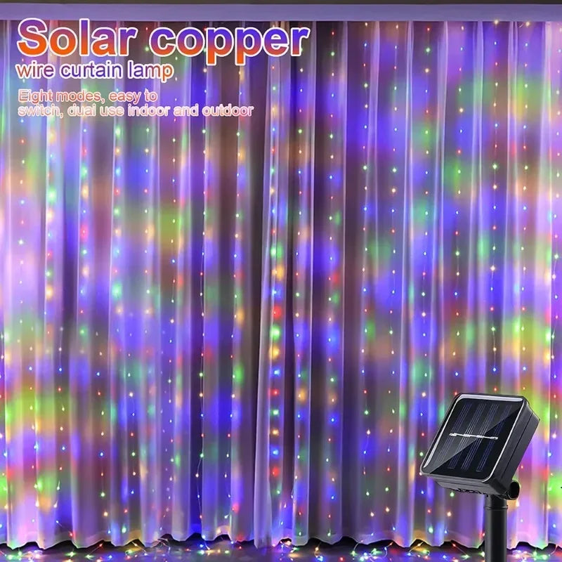 1pc Curtain String Lights, Solar Powered Fairy Lights,Wedding Christmas Garland Halloween Party New Year Garden Home Decoration