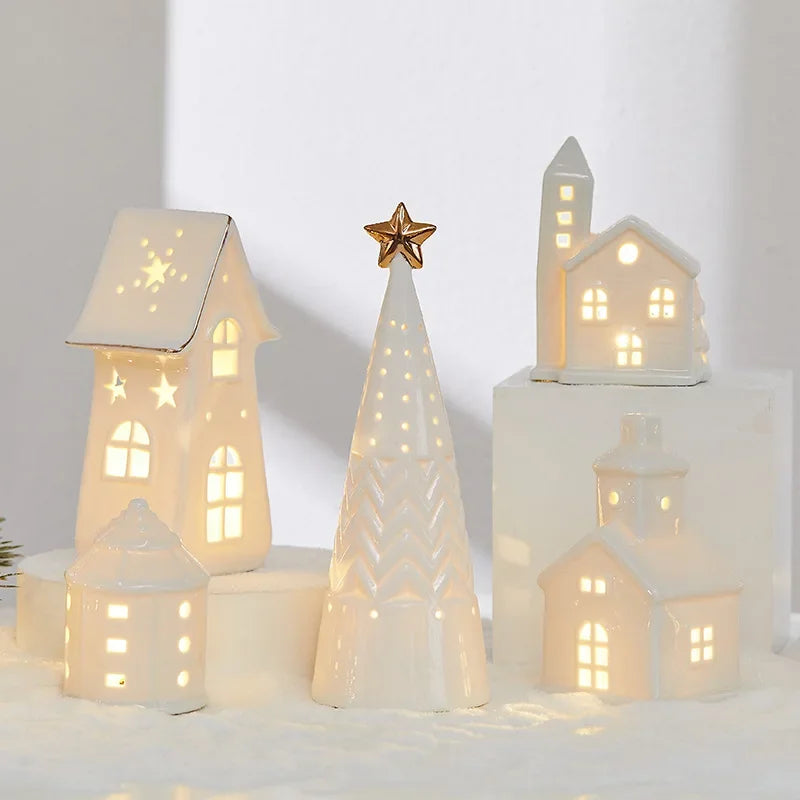 1/4Pcs Ceramic White Christmas Village Houses Light Up Small Porcelain Xmas Trees LED Lighted Tabletop House Figurines