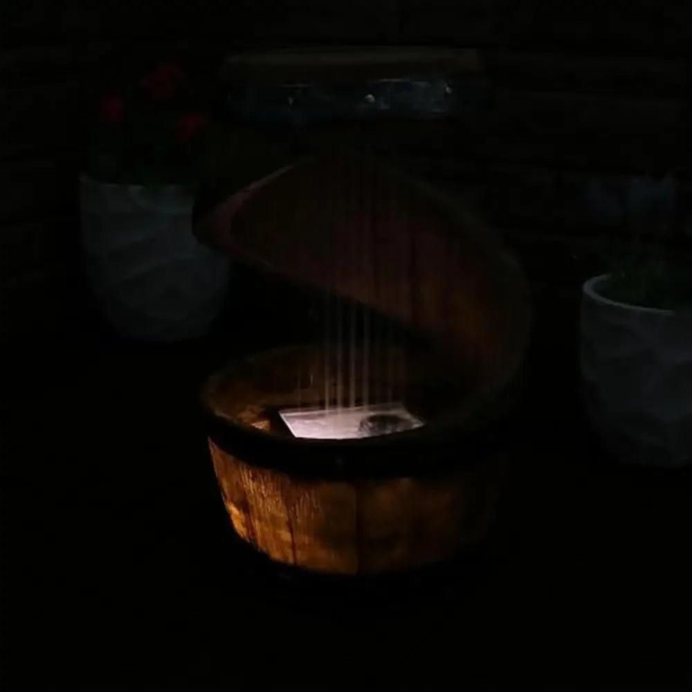 Vintage Style Barrel Outdoor Water Fountain with LED Lights 25-Inch Electric Submersible Pump Calming Rain Sound Brown Resin 2