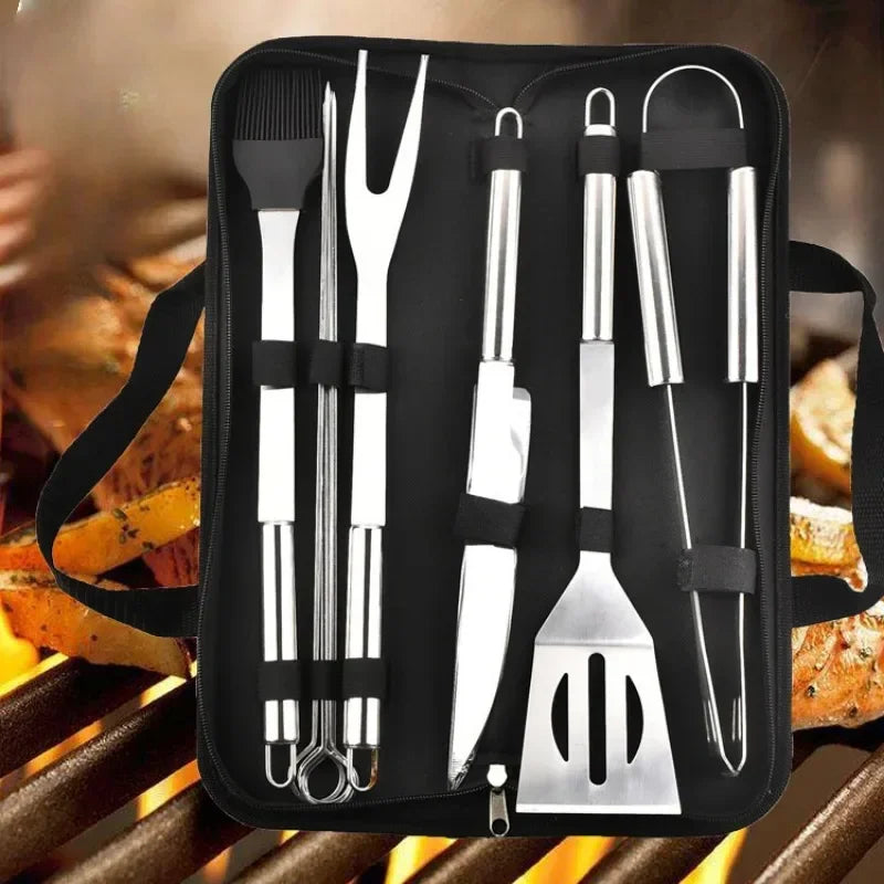 9pcs Portable BBQ tool Kit Outdoor Grill barbecue set Barbecue Set Spatula Clip Skewer With Storage Cloth Bag Grilling Tools