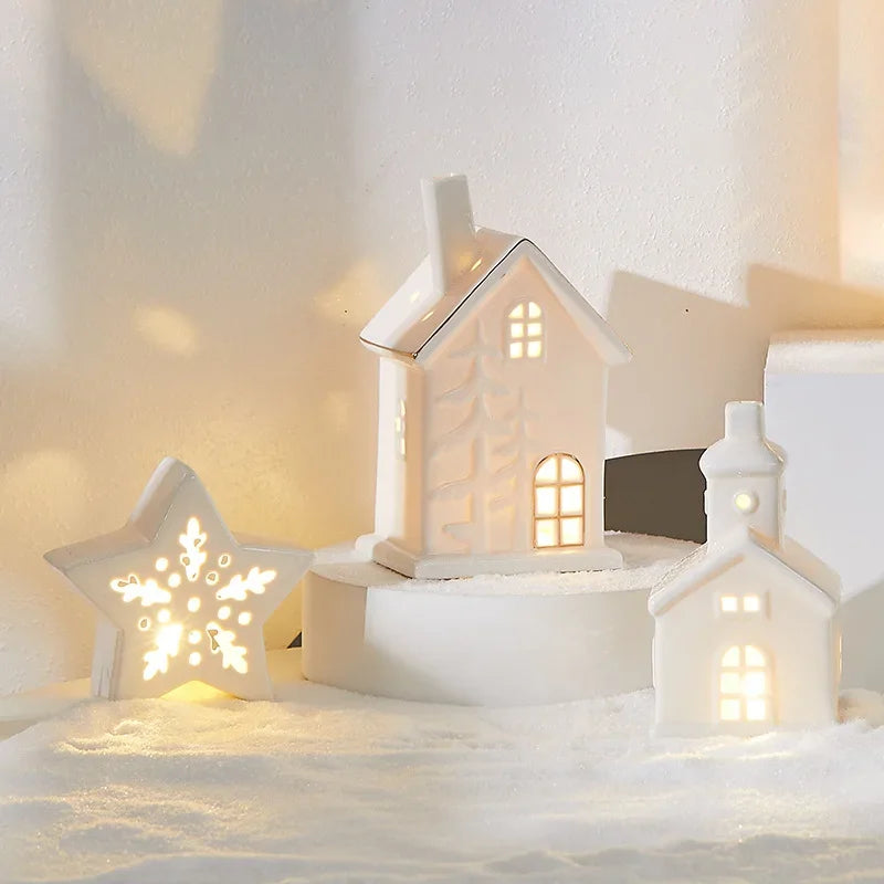 1/4Pcs Ceramic White Christmas Village Houses Light Up Small Porcelain Xmas Trees LED Lighted Tabletop House Figurines