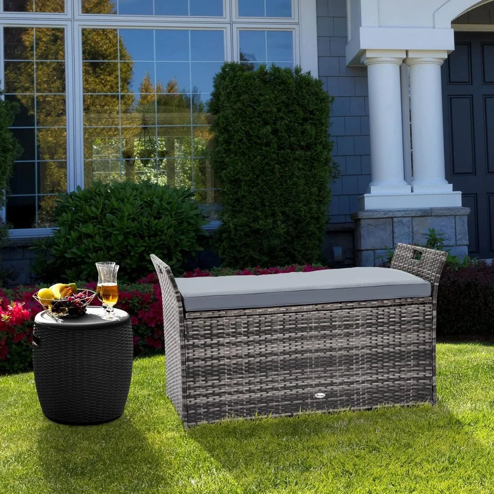 90 Gallon Outdoor Wicker Storage Bench w/Cushion, Large PE Rattan Deck Storage Box w/Handles & Hydraulics