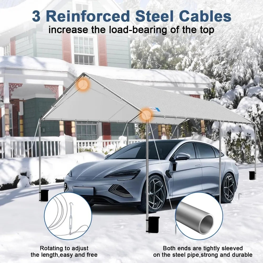 Heavy Duty Carport, Waterproof & UV Protected Garage Top Tarp Shelter Cover with Reinforced Steel Cables