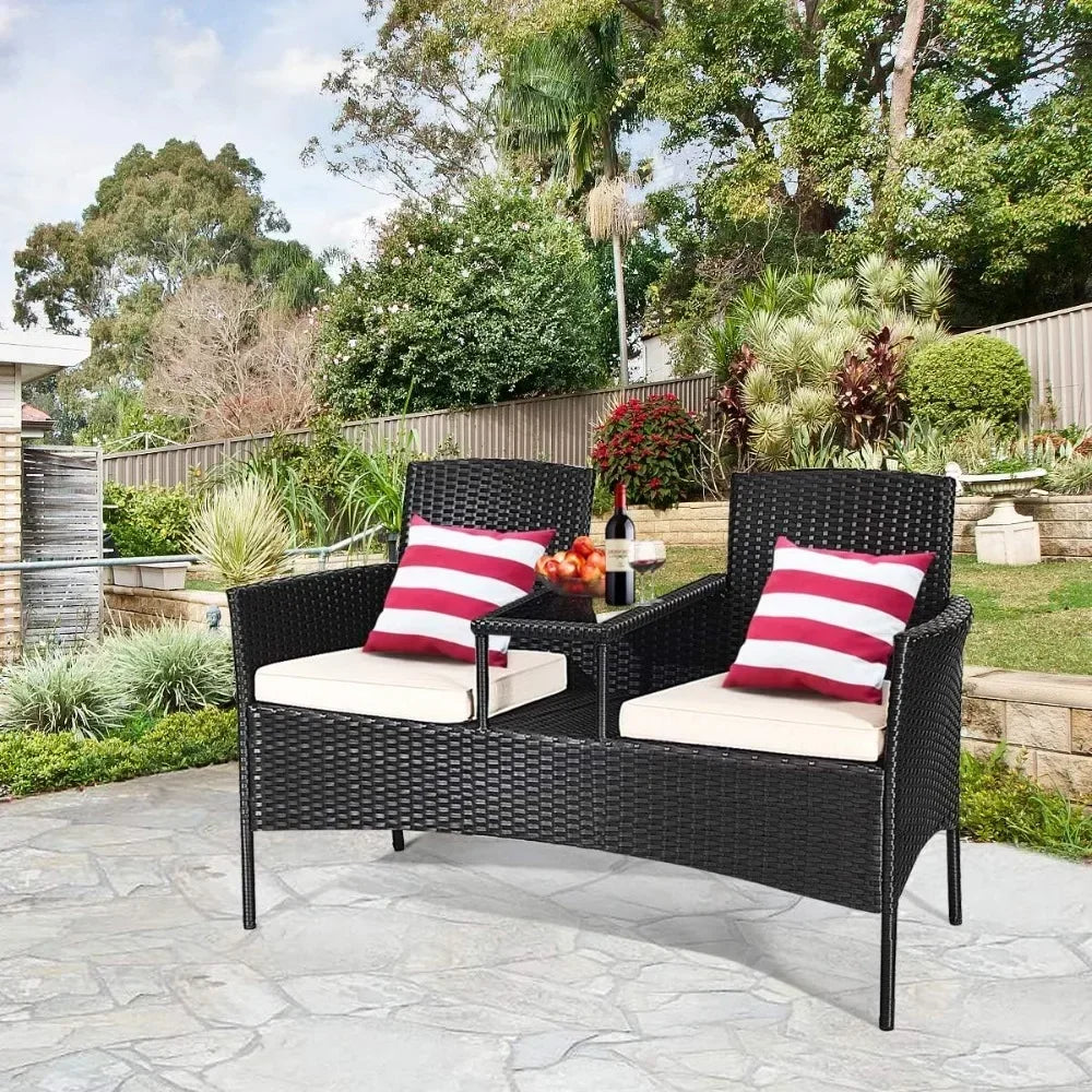 Wicker Patio Conversation Furniture Set, Outdoor Furniture Set with Removable Cushions & Table, Tempered Glass