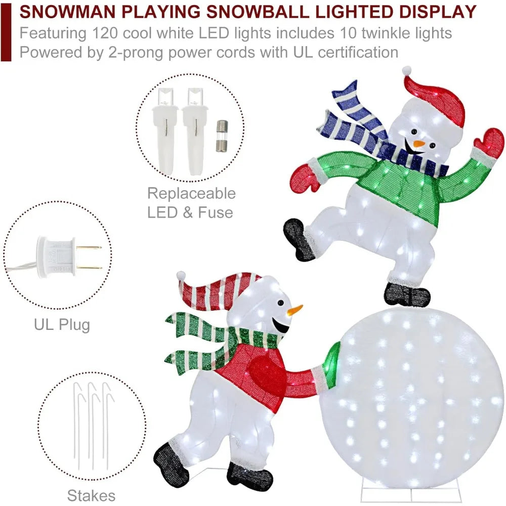 5.6 FT Christmas Outdoor Snowman Lighted, 120 Cool White LEDs Twinkle Effect 2 Snowman Playing Snowball Christmas Holiday I