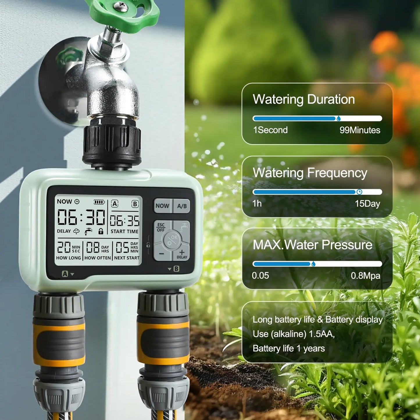 Super Timing System 2-Outlet Water Timer Precisely Watering Up Outdoor Automatic Irrigation Fully Adjustable Program