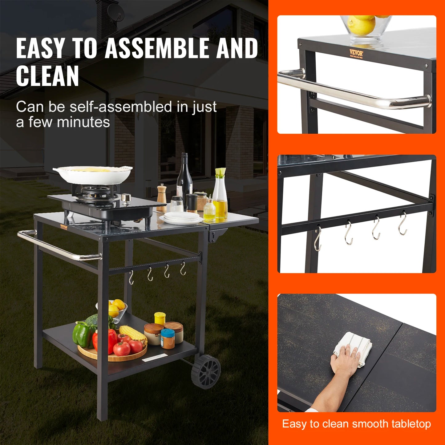 VEVOR Outdoor Grill Dining Cart w/Double-Shelf, BBQ Movable Food Prep Table, Multifunctional Foldable Iron Table Top, Worktable