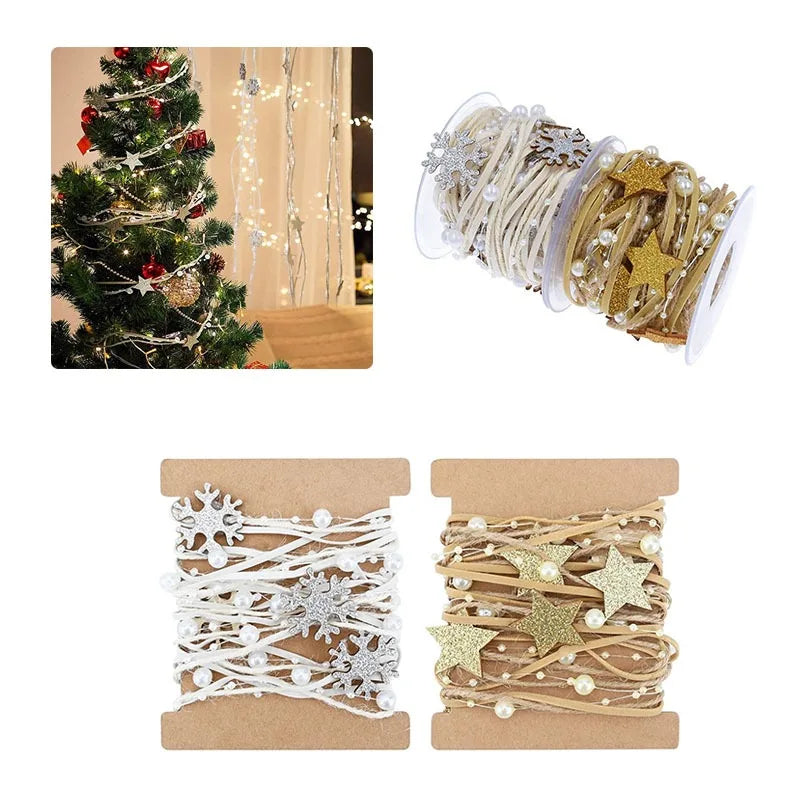 5m Pearl Bead Chain Christmas Ribbon with Snowflake and Star Decorations – Ideal for Christmas Tree Weddings and DIY Crafts