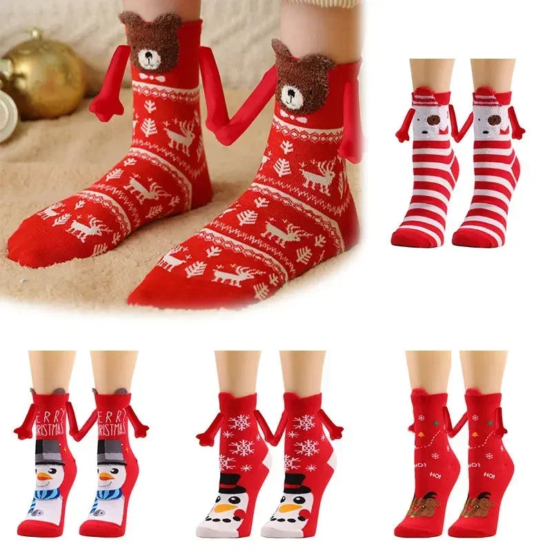 2024 New 1 Pair of Christmas Theme Magnetic Hand-holding Socks Unisex Hand-holding Long Girls Harajuku Cute Couple Cotton Socks