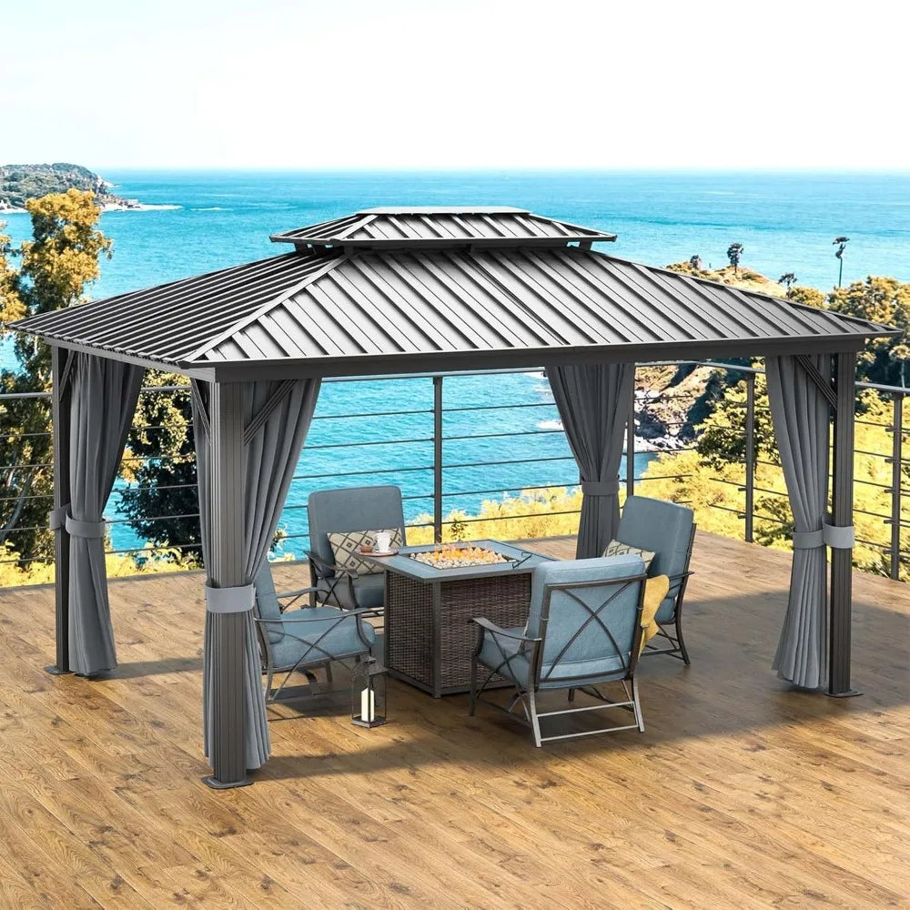 10’ X 12' Hardtop Gazebo, Galvanized Steel Double Top, Aluminum Metal Gazebo with Netting and Curtains, Permanent Pavilion